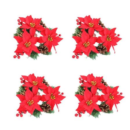 4 stk. Julelysringe, 3,9 tommer Kunstig Julestjerne Blomst med Fyrrekogler Julekrans Lysholder Julekrans