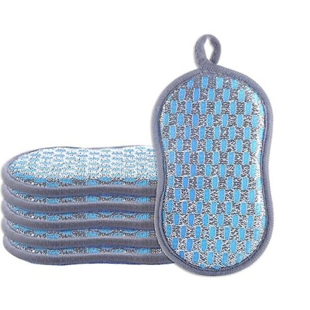 6-pakning vaskbare og gjenbrukbare oppvaskkluter, mikrofiber skrubbesvamper, oppvask- og kjøkkensvamper dobbeltsidig tau børste, blå