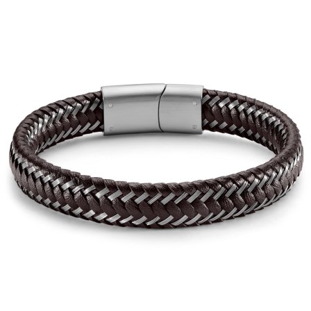 Braided Brown Leather & Steel Bracelet for Men - Leather bracelets