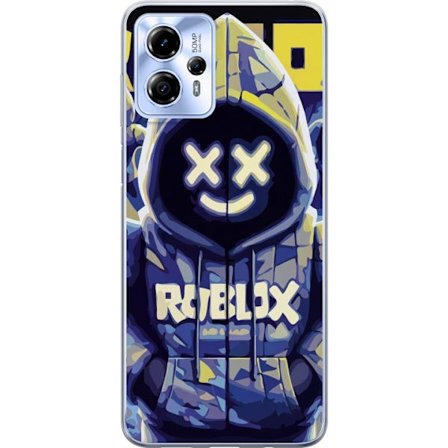 Kompatibelt Mobildeksel til Motorola Motorola Moto G13 Blågul Roblox hettegenserfigur med minimalistisk neonstil og masket ansikt, moderne spillillus