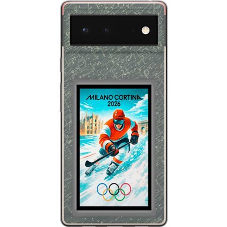 Yhteensopiva Puhelinkuori Google Pixel 6 Curlingkuvitus pelaajilla ja kivillä jäällä, Milano Cortina 2026, lumisia roiskeita ja olympiasormukset