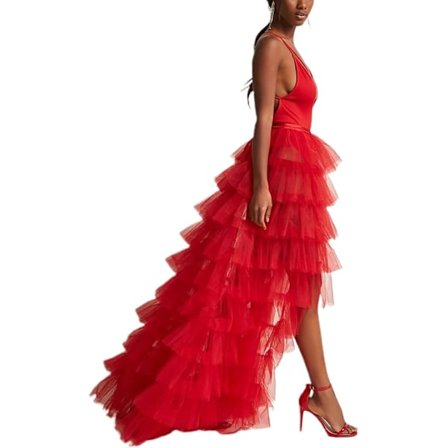 Kvindes Lang Høj-Lav Rufflet Tulle Skørt