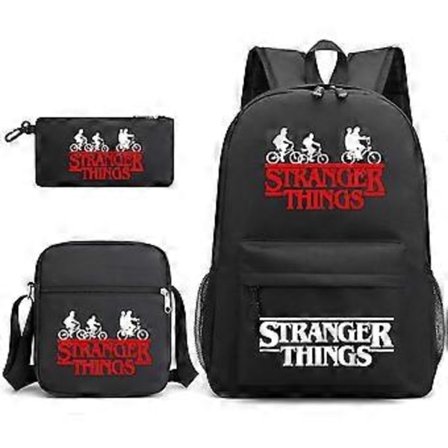Stranger Things Ryggsäck 3-delars Set Student Skolväska Canvasväska y( Svart)