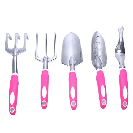Haveredskaber i aluminiumslegering, kraftige, rustfrie og brudsikre, 5-delt sæt med skridsikkert håndtag til kvinder, perfekte havegaver i pink
