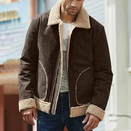 Män Dragkedja Lapel Neck Fuzzy Fleece Ytterkläder Långärmad Jacka