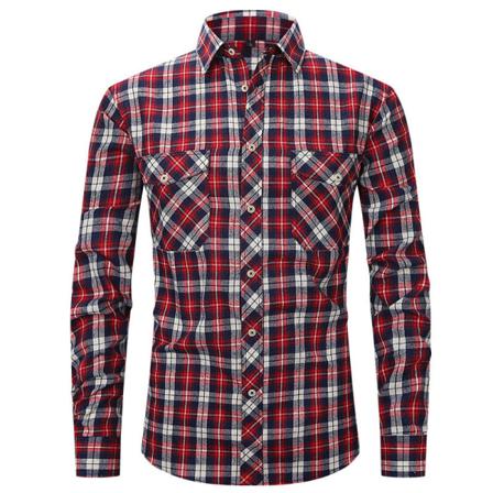 Herr Pläd Med Fickor Button Down Toppar Lapel Neck Tunika Skjorta