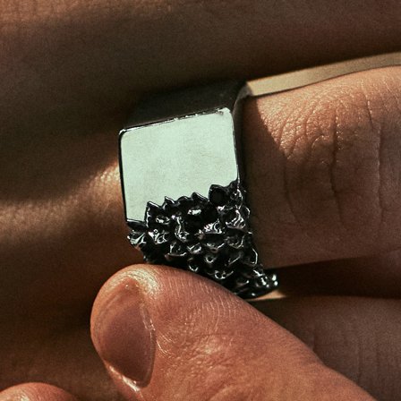 Orphic | Black Zirconia Volcanic Square Silver-Tone Stainless Steel Signet Ring for Men - Signet rings