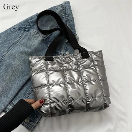 Kvinders Retro Personlighed Stor Kapacitet Quiltet Skuldertasker Casual Ensfarvet Håndtasker Ned Fyldt Bomuld Polstret Tote Shoppingtasker grey