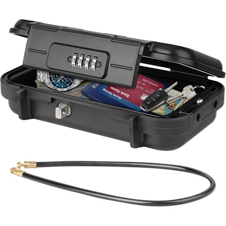 Kannettava vedenpitävä tallelokero koodilla ja kaapelilla