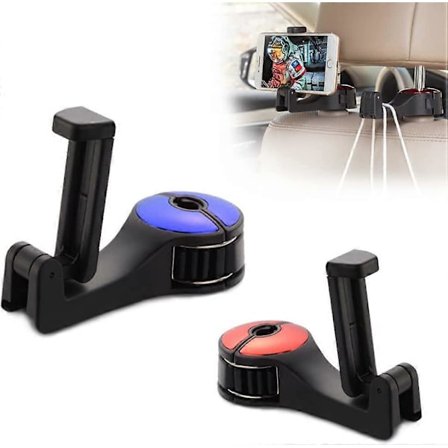 Autostolskroge til tasker og poser med telefonholder rød + blå