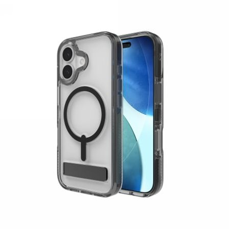 ZAGG Santa Cruz Snap KS MagSafe kotelo jalustalla iPhone 17:lle - Kirkas ja Musta