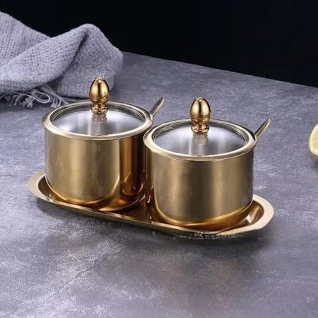 (gull) Sukkerskål i rustfritt stål med glasslokk skje og tra