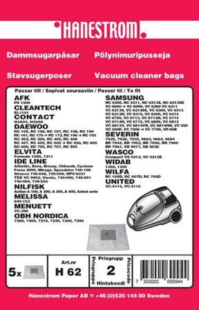 HANESTRÖM Dammsugarpåsar DAEWOO RC 705, SAMSUNG