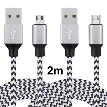[2,2 m paket] Micro USB 2.0-kabel PU-flätad aluminiumkontakt Laddare USB-sladd för Android-telefoner-svart+blått