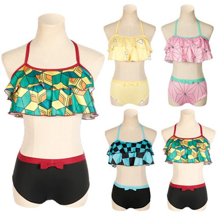 Mub- Anime TV Cosplay Costume Woman no Yaiba Bikini Beach Set Halter Neck Swimsuit Demon Slayer Kamado Nezuko Swimwear Bathing Suit