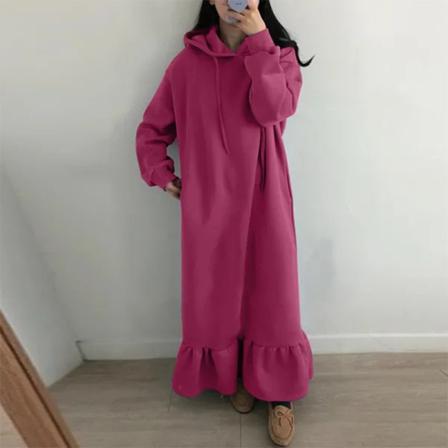 Kvinnor Enfärgad Hooded Neck Dragsko Sweatshirt Maxiklänningar