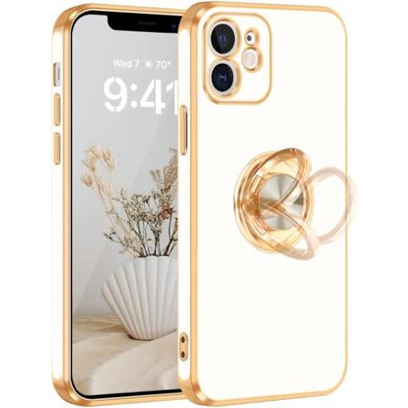 iPhone 12 -kotelo 360 kiert v ll renkaalla ja magneettisella telineell , kiilt v kultareuna, ohut ja pehme , valkoinen