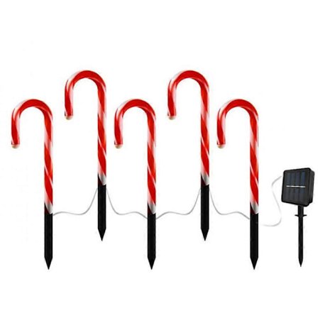 Jule Cane Lys, Sæt med 5 Lysende Udendørs Juledekoration, Jule Cane Lys Slikstokke, Solar Havelampe, LED Havelamper i Cand