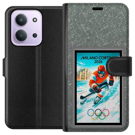 Yhteensopiva Lompakkokotelo Xiaomi Redmi 15C Curlingkuvitus pelaajilla ja kivillä jäällä, Milano Cortina 2026, lumisia roiskeita ja olympiasormukset