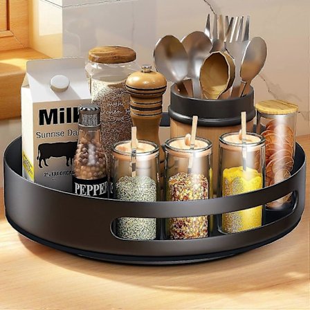 Lazy Susan Drejeskive, Sayzh Drejeskive Organizer, Krydderihylde Roterer Til Køkken Pantry Skab Bord Bordplade, Metal Stål, 25 cm, Sort