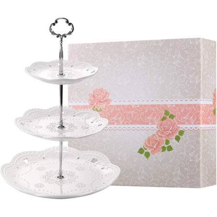 Tre-lags cupcake-brett i porselen, elegant hvit preget kakeholder, kakestativ