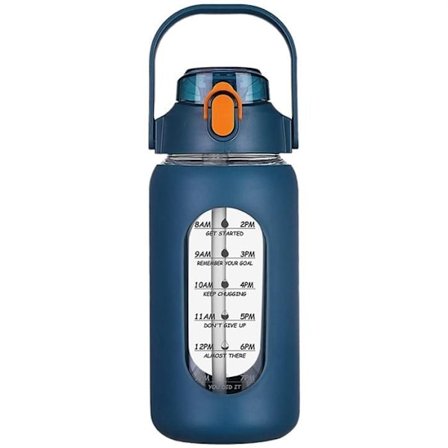 Glasflaske med sugerør, silikonehylster og tidsmarkering, til fitnesscenter, kontor eller hjemmet, marineblå