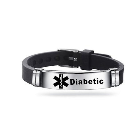 Typ 2 Diabetes Medicinsk Alert ID Armband Män Kvinnor Justerbart Silikon Svart Armband ICE