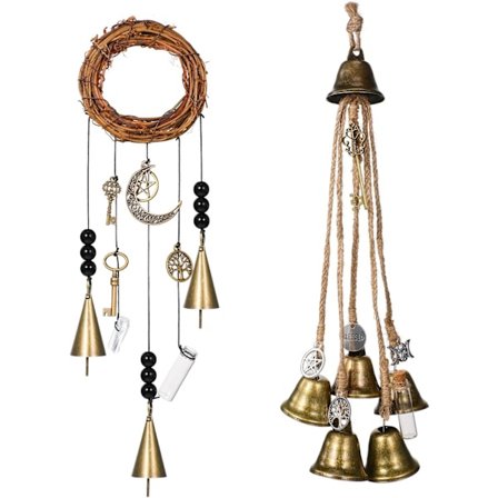 2 kpl Noitavihkan kelloja Ovien suojaksi, Noitavihkan tuulikellot, Seppele, Käsintehty, Riippuva Noitavihkan kello, Wiccan-maaginen tuulikello Kotiin