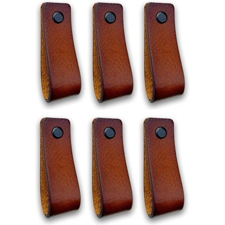 Lærhåndtak for møbler, 6 stk - 16,5 x 2,5 cm, Skaphåndtak, dørhåndtak for kjøkken, bad, skap, kommode