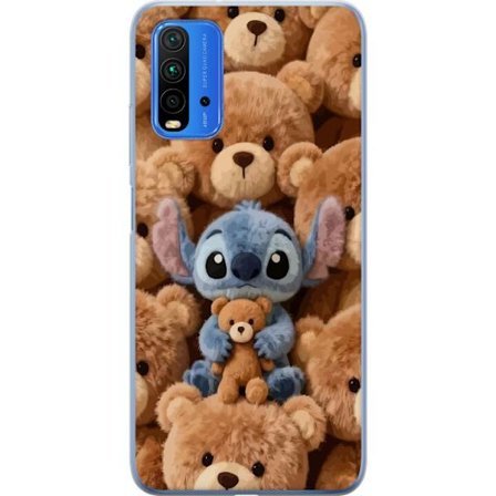 Kompatibelt Mobildeksel til Xiaomi Redmi Note 9 4G Stitch omgitt av brune teddybjørner med en liten teddybjørn i fanget i en søt og koselig kawaii-des