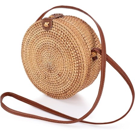 Rund rottingveske, bohemsk rottingveske håndlaget rund vevd veske for kvinner sommer strandveske klassisk rotting skulderveske chic halm crossbody 
