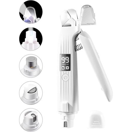 2-i-1 negleklipper og slipemaskin for hunder og katter, oppladbar med flere slipeporter og sprutbeskyttelse. LED-lys i begge ender