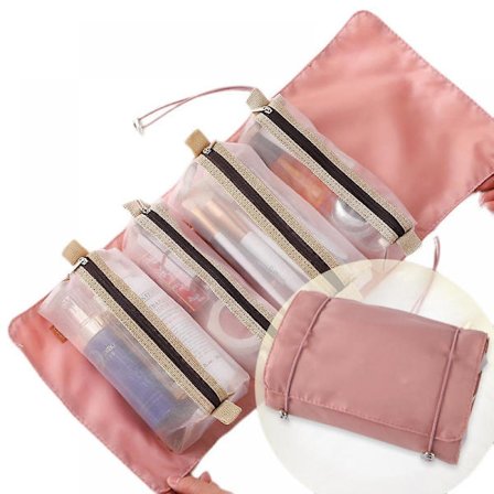 Rejsetaske til makeup, 4-i-1 aftagelig makeuptaske, kvinders makeuptaske, rejsetaske til makeup, håndholdt makeupbørstepose, makeuptaske, (pink)