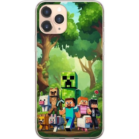 Kompatibelt Mobildeksel til Apple iPhone 11 Pro Blokkete pikselerte spillverden med grønne figurer og dyr i frodig skogsmiljø