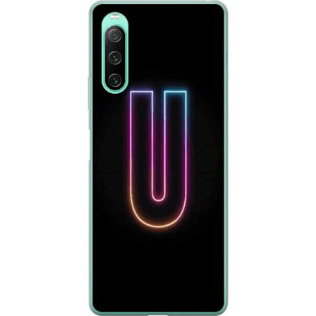 Yhteensopiva Puhelinkuori Sony Sony Xperia 10 IV Minimaalinen neonkirjain U kirkkaalla valaistustehosteella mustaa taustaa vasten