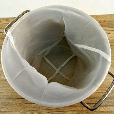 Hvit finmasket filterpose for alle korn, vinpresse med snøring