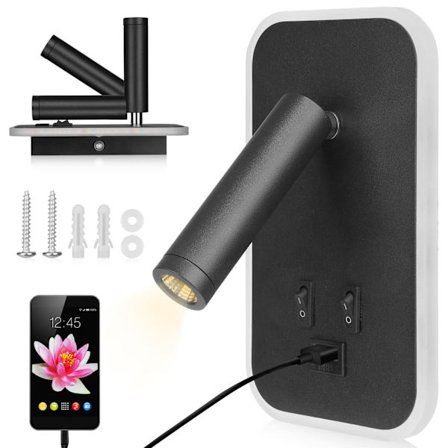 Sengelampe, LED-leselampe med USB-port og bryter