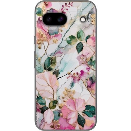 Kompatibel Mobilcover til Google Pixel 8a Abstrakt marmormønster med blomster, blade og gyldne detaljer i bløde pastelfarver