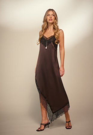 Bubbleroom Occasion - Satin Lace Slip Dress - Dark brown - Kläder