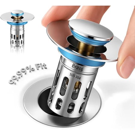 Bundprop til badeværelsesvask, Pop-up afløb til badeværelsesvask, Vaskprop hårfanger, Lydløs Popper Core m/aftagelig filterkurv i rustfrit stål, Vask 