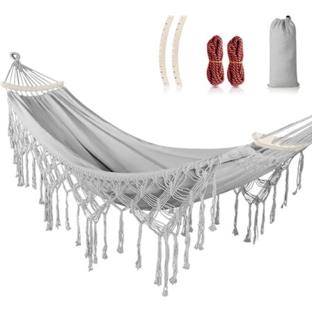 Hængekøje til haven med frynser, holdbar lærredsstof, boheme-stil med tykt reb og bæretaske