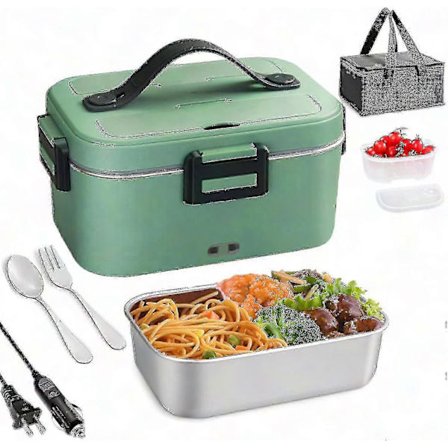 75W 1.8L Elektrisk matboks med stor kapasitet for voksne, arbeid, bil, kontor - 3-i-1 12V/110V Oppvarmet matboks med gaffel, skje og isolert pose