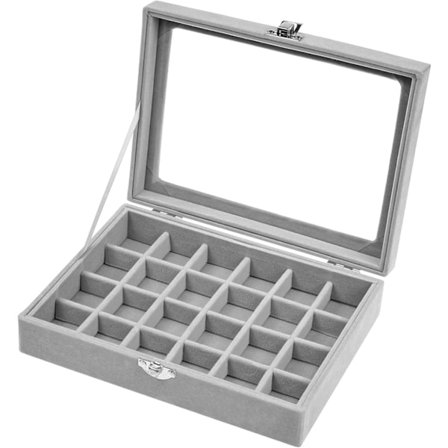 24 rum, fløjlsæske med glaslåg, smykkeopbevaring, aftagelige smykkebakker til ringe, øreringe, halskæder, armbånd (grå)
