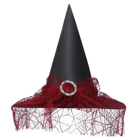 Heksehat med slør Troldmandshat Tryllehat Halloween-kostume Mode Solid Hat Red