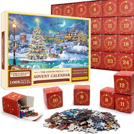 Puslespill Adventskalender 2024, 1008 Puslespillbiter 24 Dagers Julekalender Nedtelling