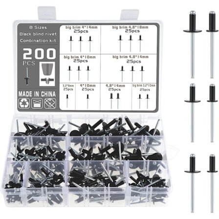 200 stk. aluminium blindnagler, 8 størrelser sortiment av popnagler, popnagler for metall - MODOU