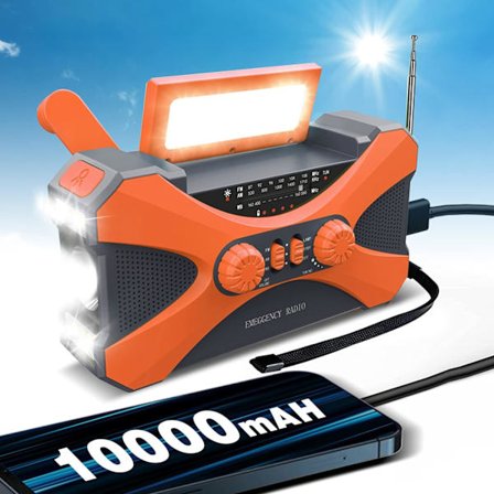 Solcelledrevet radio, bærbar nødradio med 10.000 mAh batteri, USB-genopladelig håndsvingradio med AM/FM, 3 tilstande LED-lommelygte, læselampe, 
