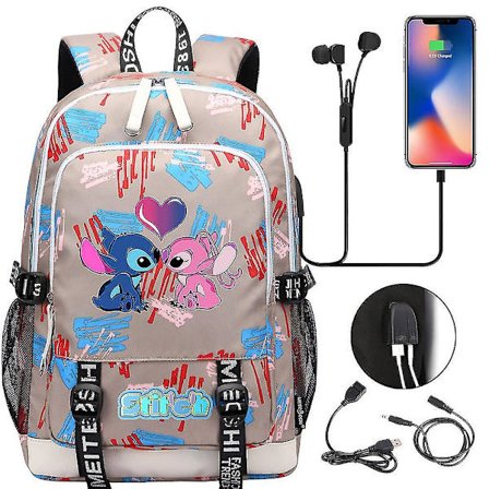 Stitch Prints USB Gutt Jente Barn Bok Skolevesker Tenåringer Student Kvinner Menn Laptop Reise Ryggsekk - Praktisk og Stilig Veske