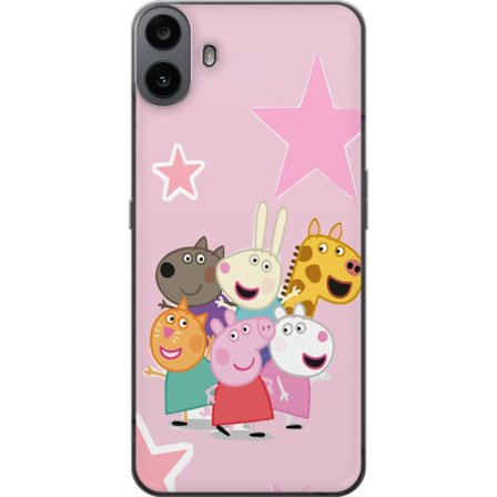 Kompatibel Mobilcover til Nothing CMF Phone 1 Peppa Gris og venner samlet med stjerner på lyserød baggrund, farverig børneillustration