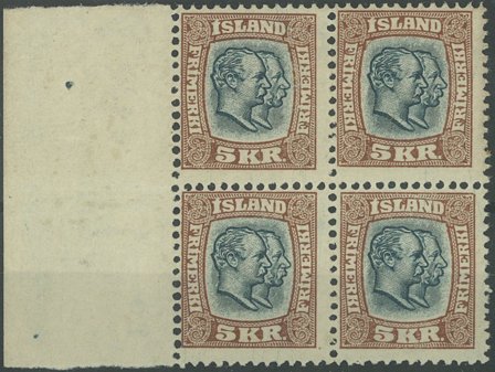 Island 1907 - 5 kr. dobbelthoveder blågrå/brun - 4-blok - Postfrisk